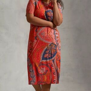 Farm Rio for Anthropologie Orange Sheath Midi Dress Casual Crew Neck